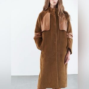 Camel Corduroy Women's Coat with leather details
